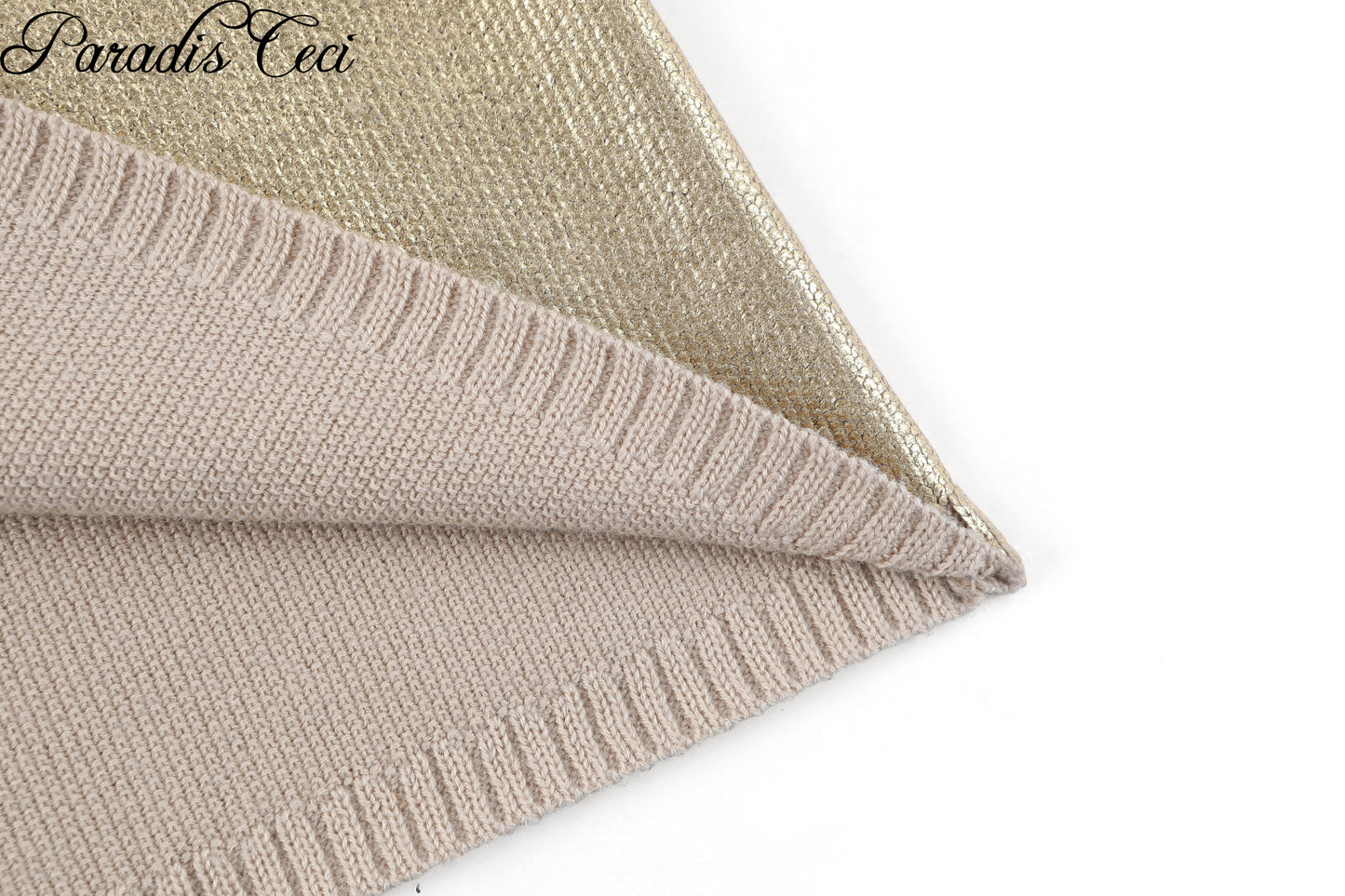 'Serena' gold stamping off-shoulder wool knit top