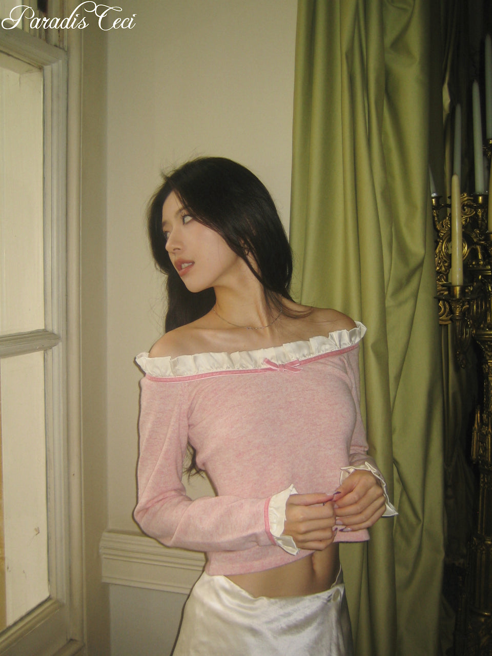 ‘Vallie’ ruffle velvet ribbon top - baby pink