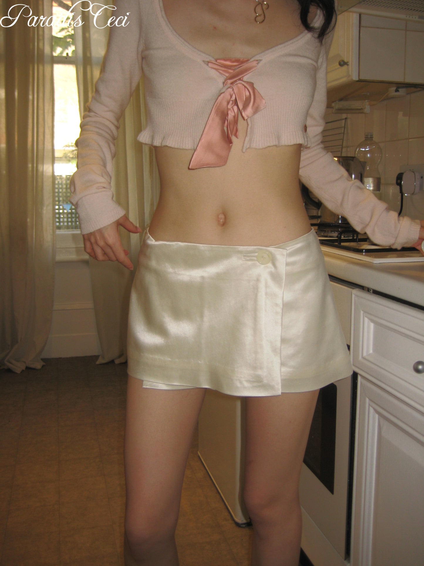 'Jane' silk wool satin mini skirt with inner pants - ivory