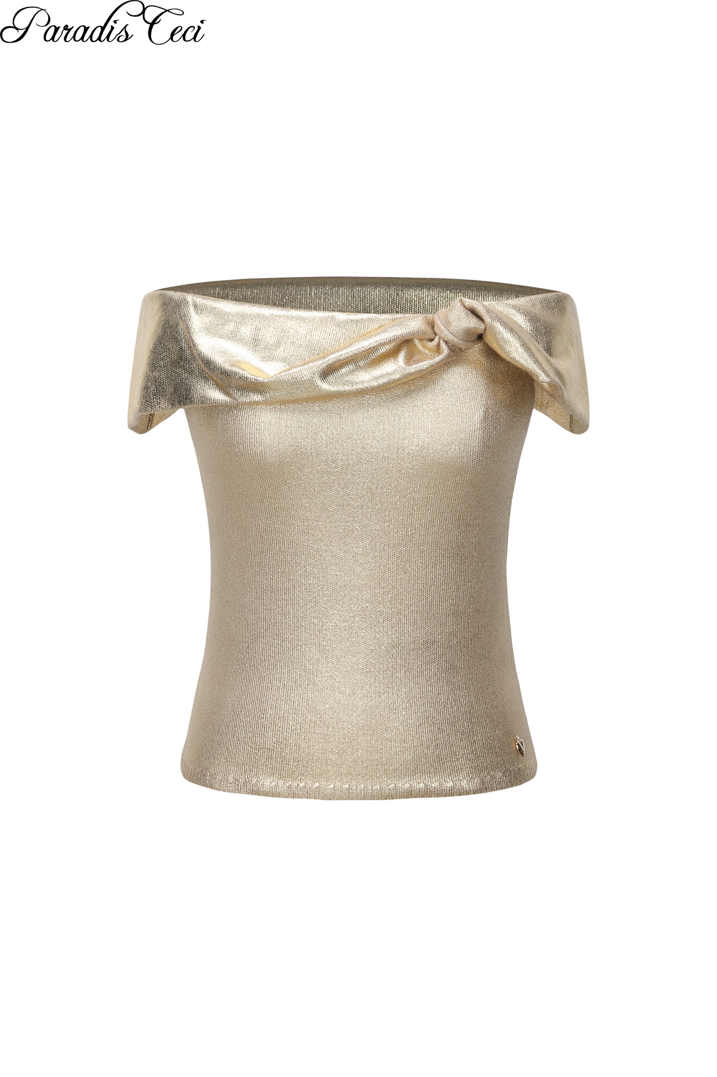 'Serena' gold stamping off-shoulder wool knit top