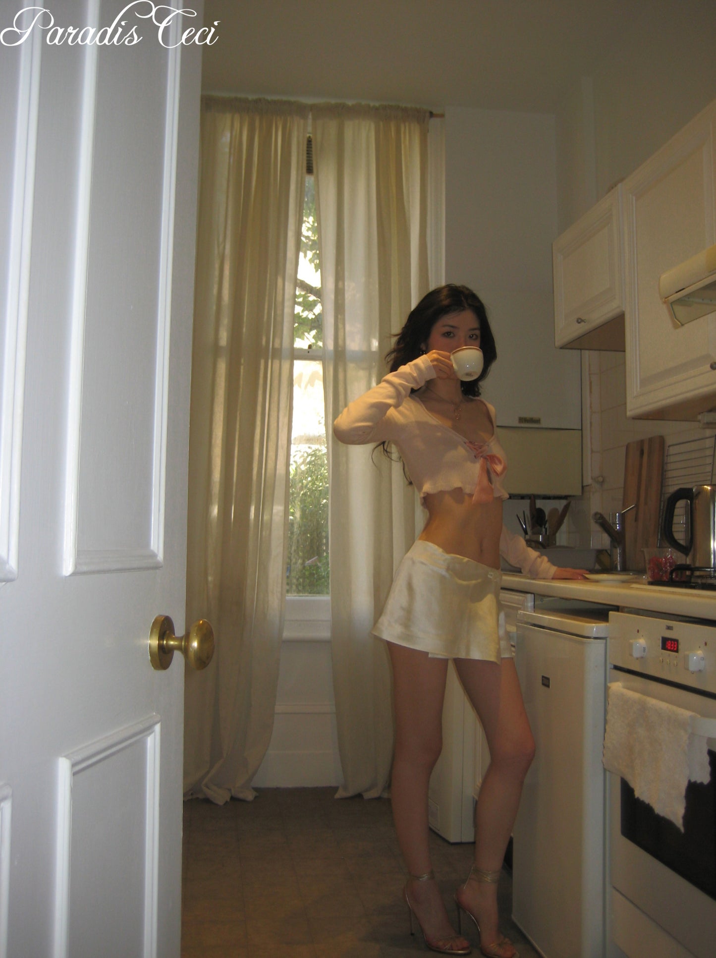 'Jane' silk wool satin mini skirt with inner pants - ivory