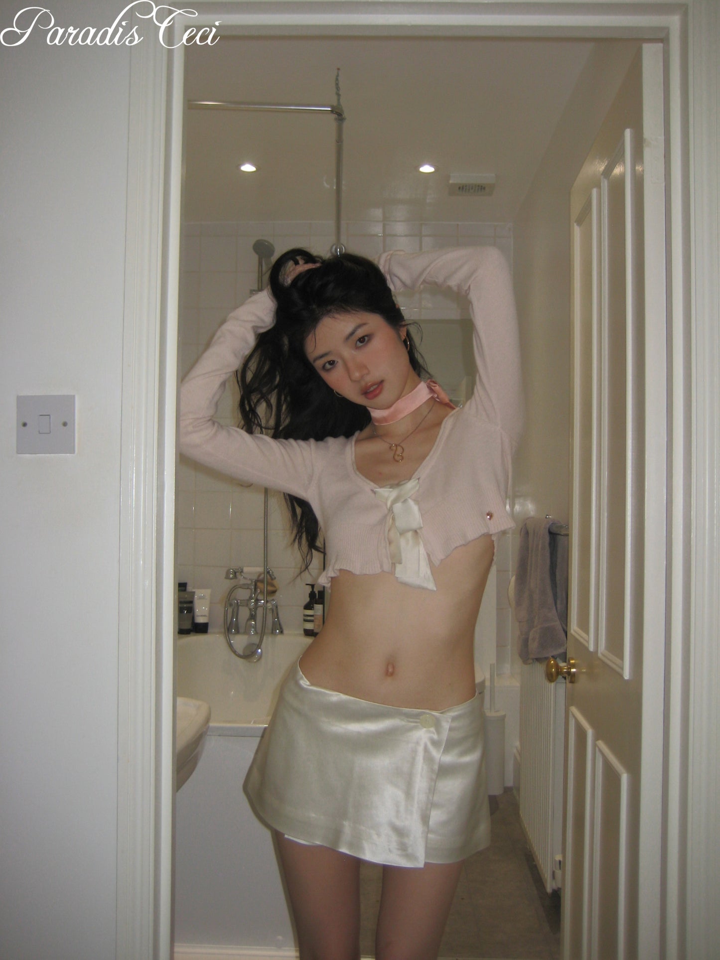 'Jane' silk wool satin mini skirt with inner pants - ivory