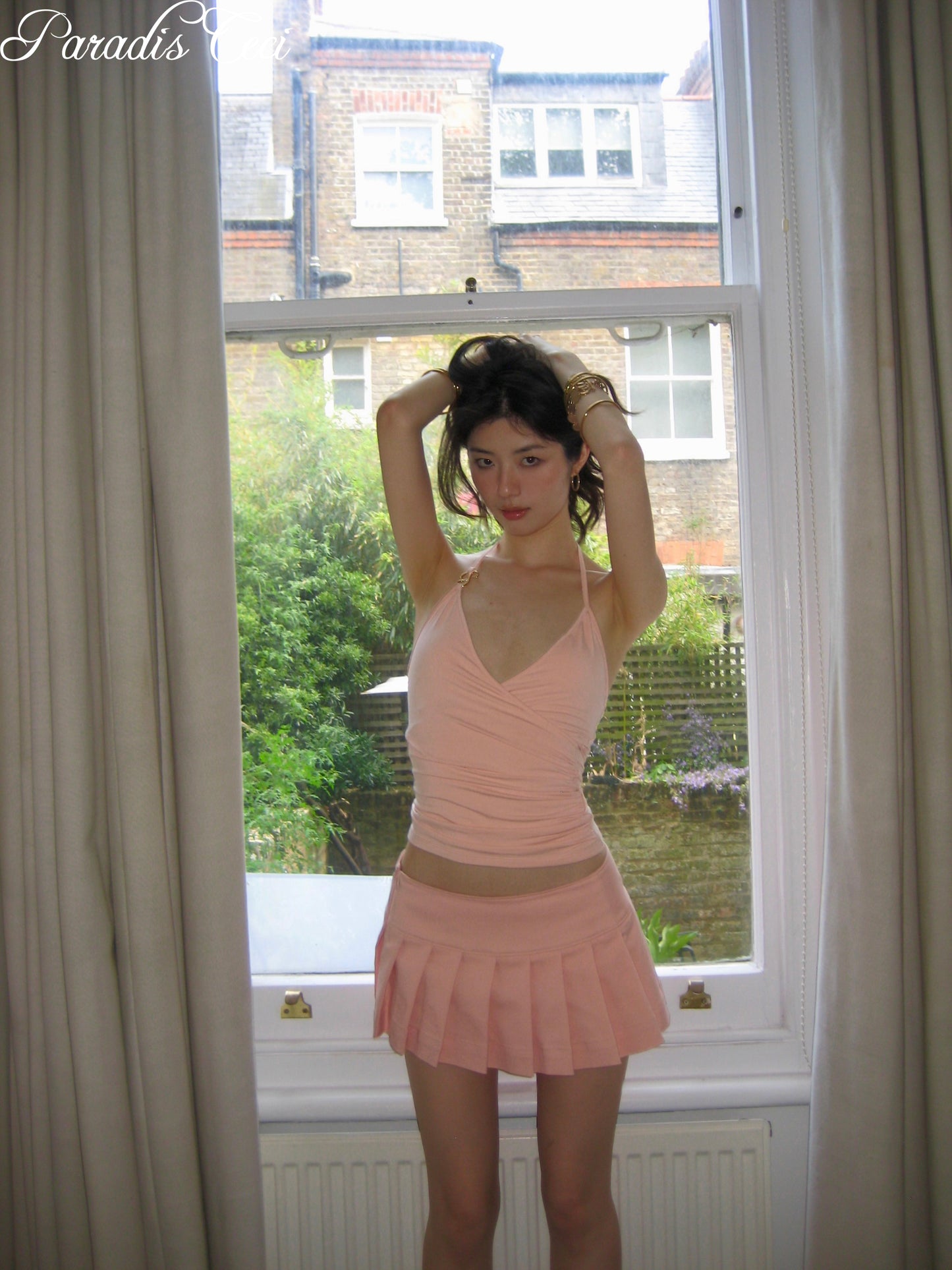 'Momisa' pleated mini skirt with inner pants - pink