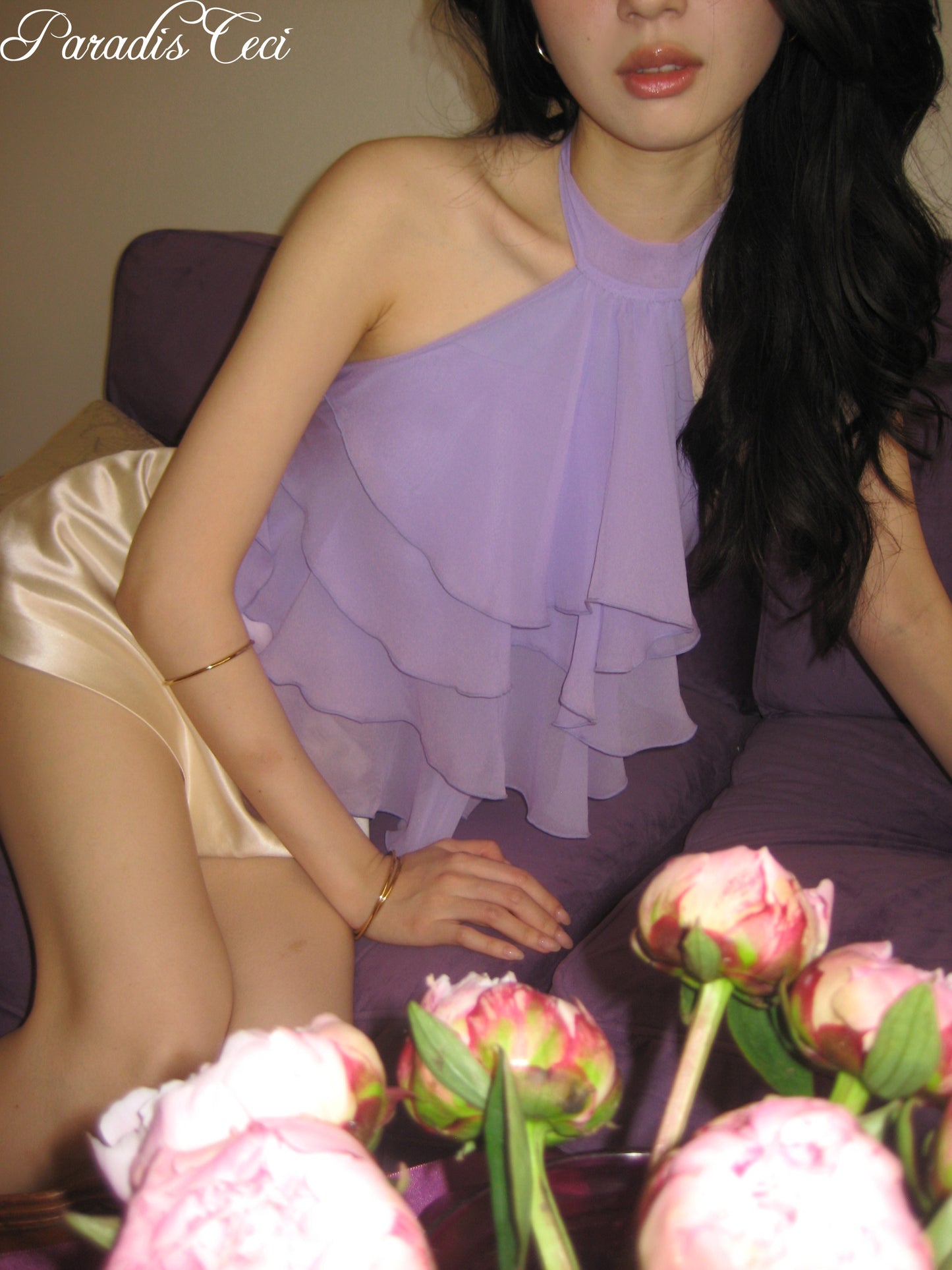 'Lotus' silk ruffles halter top