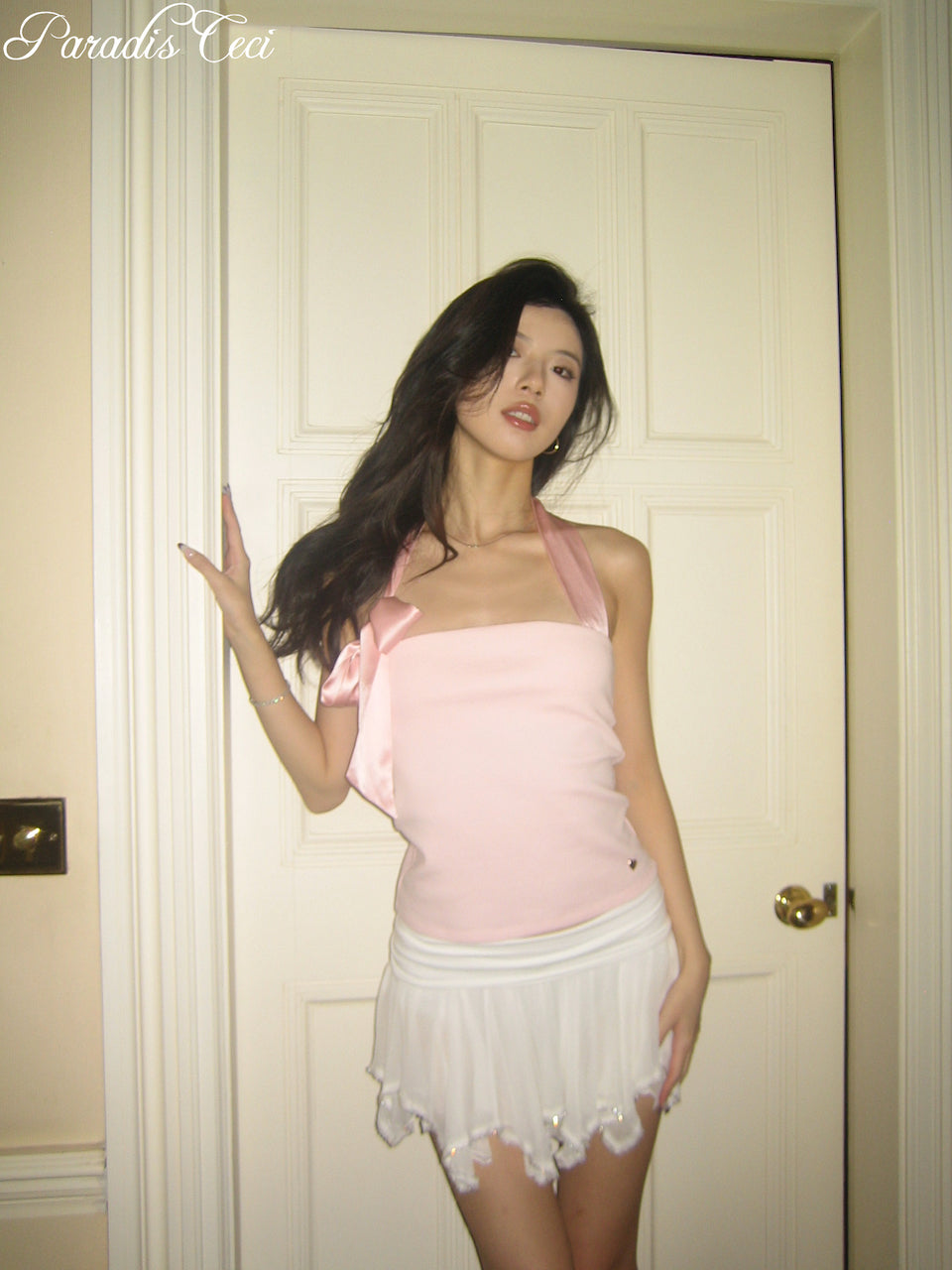 'Ariel' silk ribbon halter top - pink