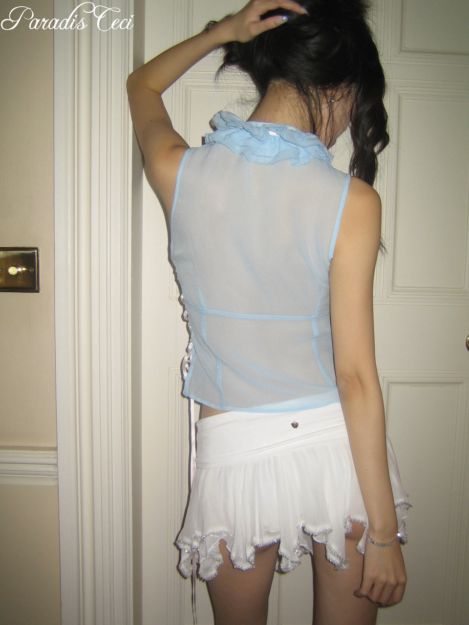 'Chloe' silk mesh ruffle front top - made to order