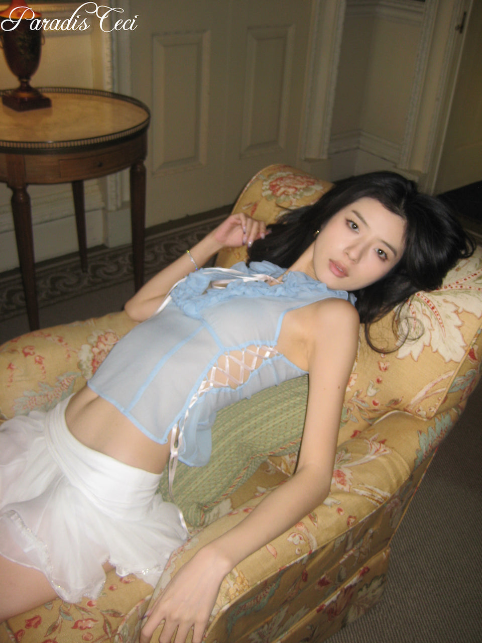 'Chloe' silk mesh ruffle front top - made to order