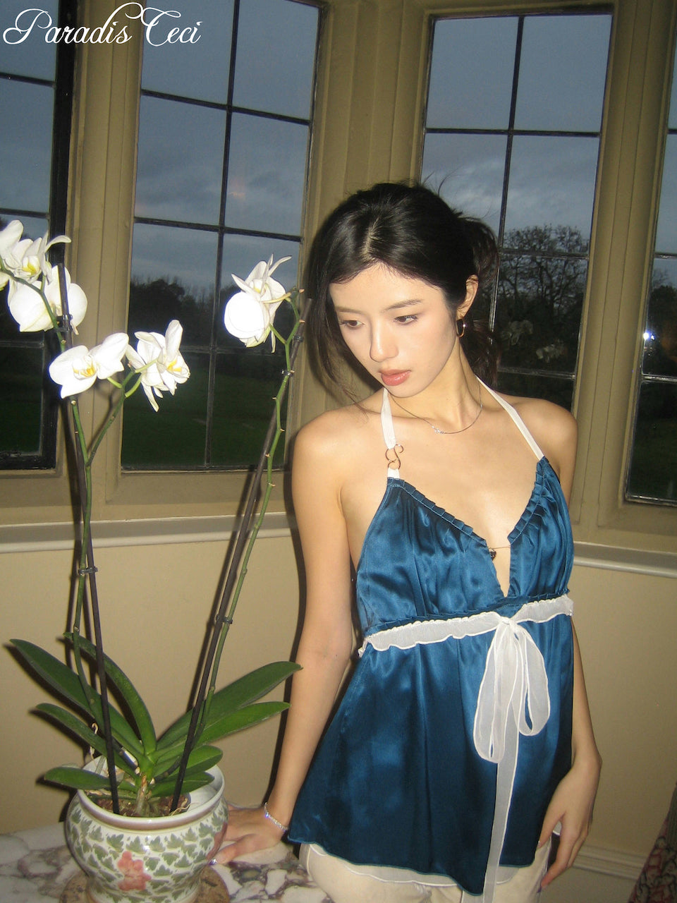 'Isabella' silk babydoll top - capri blue - made to order