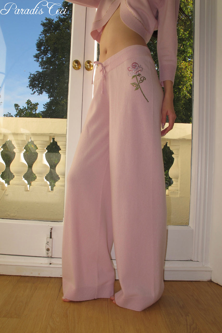 'Crystal' cashmere trousers with rhinestones- sweet pink