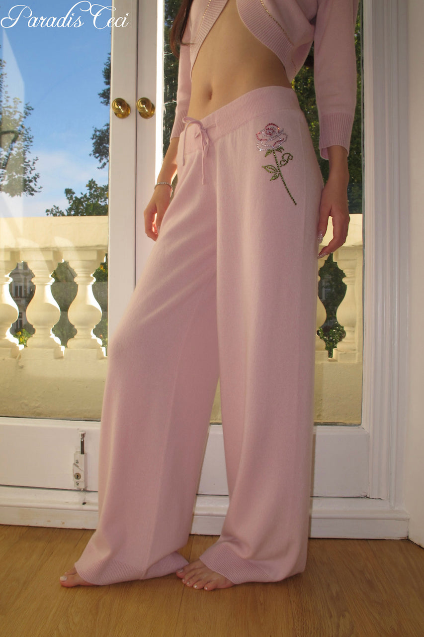 'Crystal' cashmere trousers with rhinestones- sweet pink