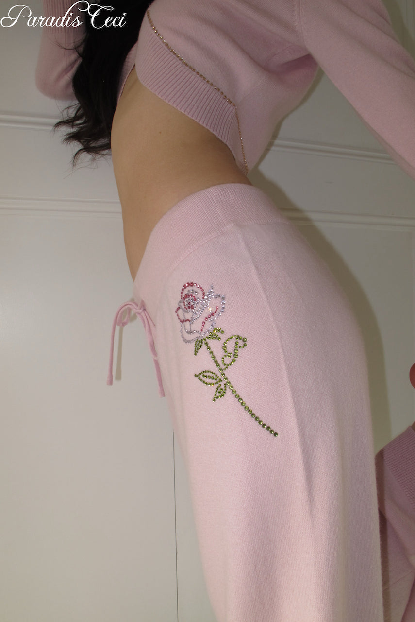 'Crystal' cashmere trousers with rhinestones- sweet pink