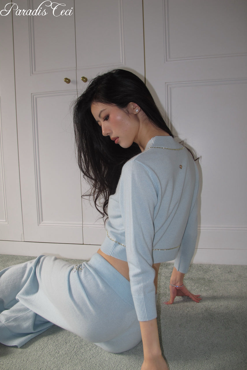 'Annie' cashmere cardigan with rhinestones - icy blue