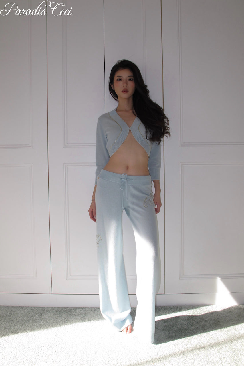 'Annie' cashmere cardigan with rhinestones - icy blue