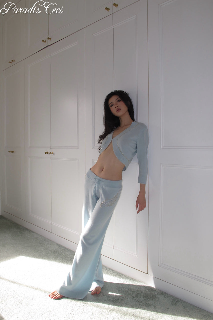 'Crystal' cashmere trousers with rhinestones - icy blue