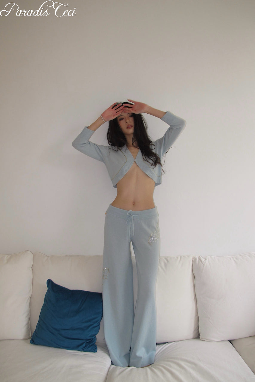 'Crystal' cashmere trousers with rhinestones - icy blue
