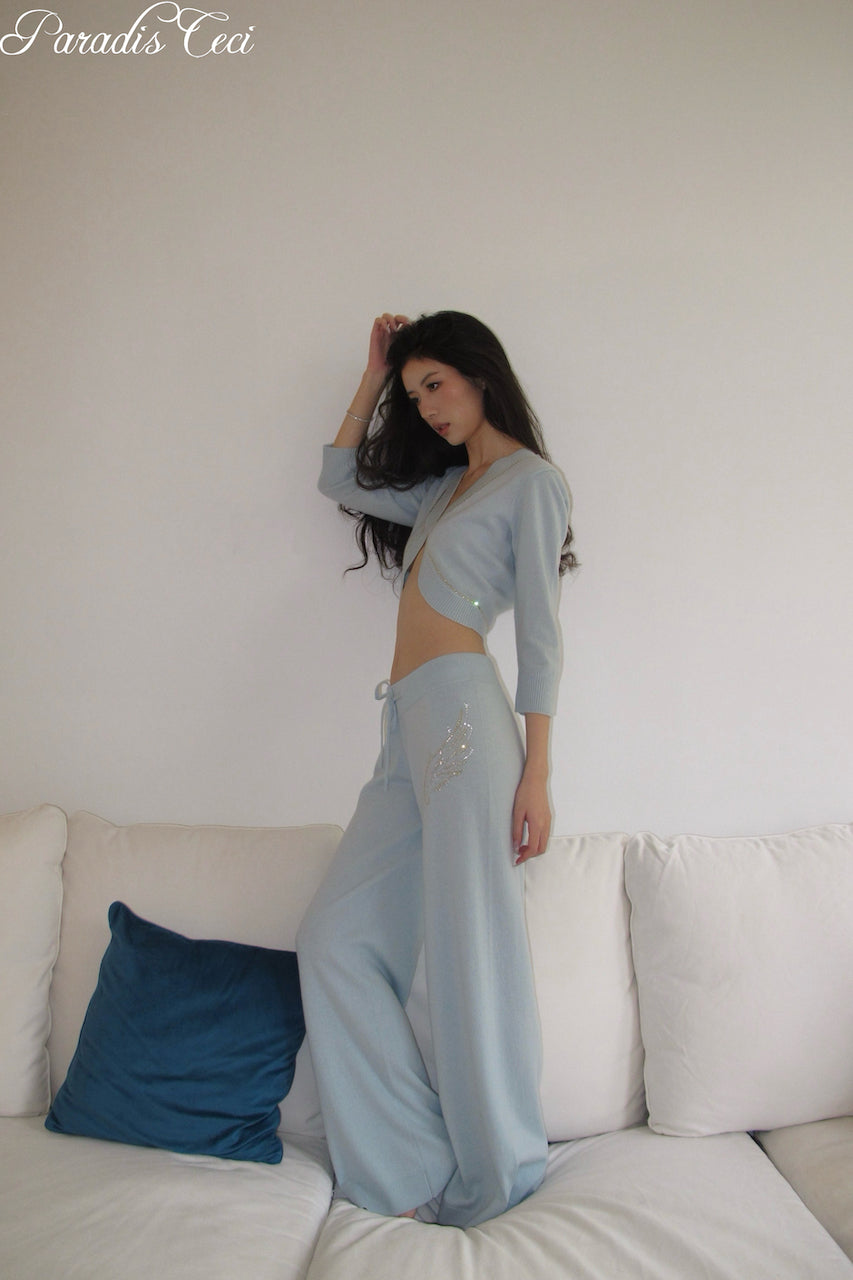 'Crystal' cashmere trousers with rhinestones - icy blue