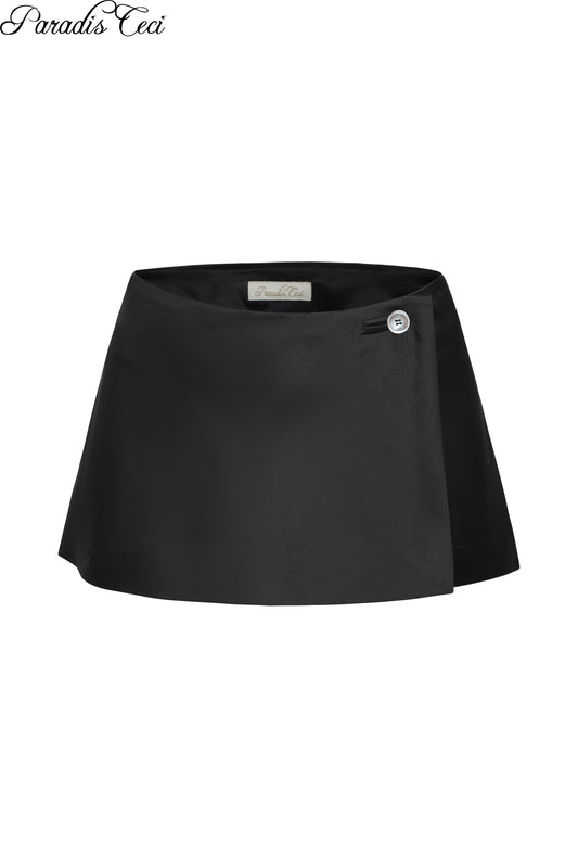 'Jane' silk wool satin mini skirt with inner pants - black