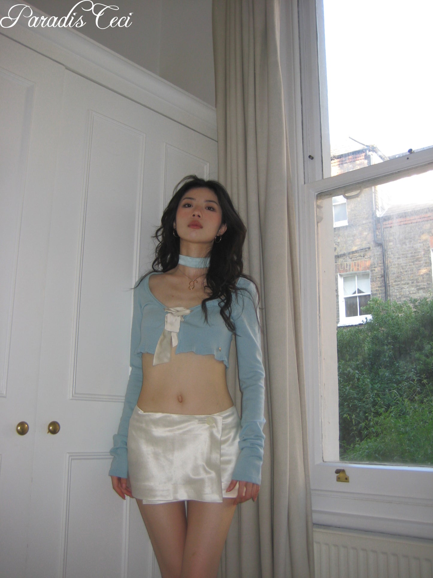 'Jane' silk wool satin mini skirt with inner pants - ivory