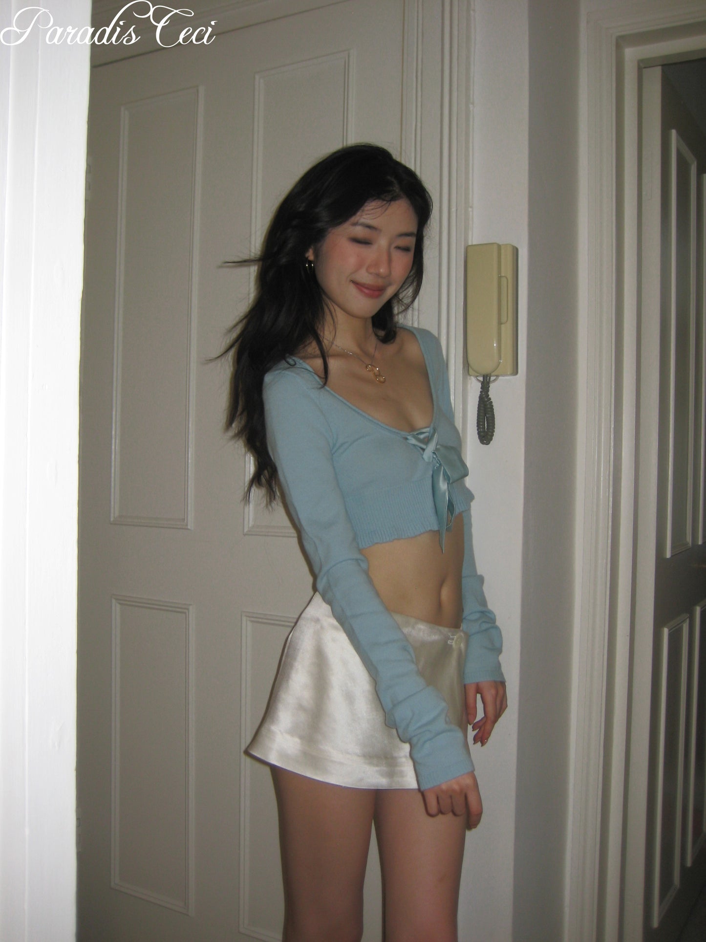 'SWAN' knit top with double ribbons - baby blue