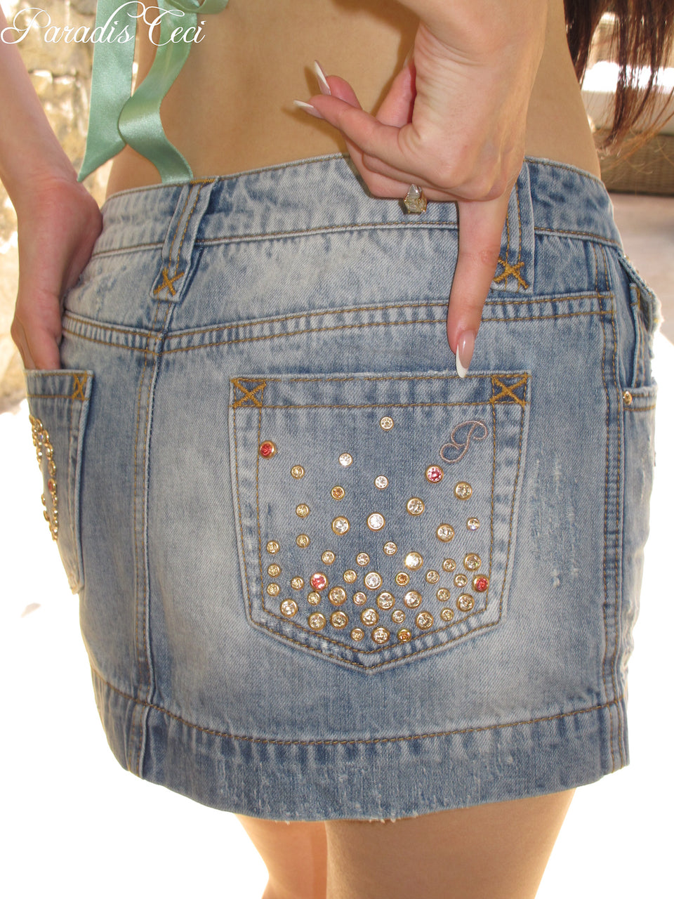 'Gia' #001 embellished low-rise denim mini skirt