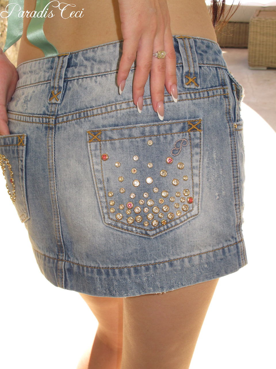 'Gia' #001 embellished low-rise denim mini skirt