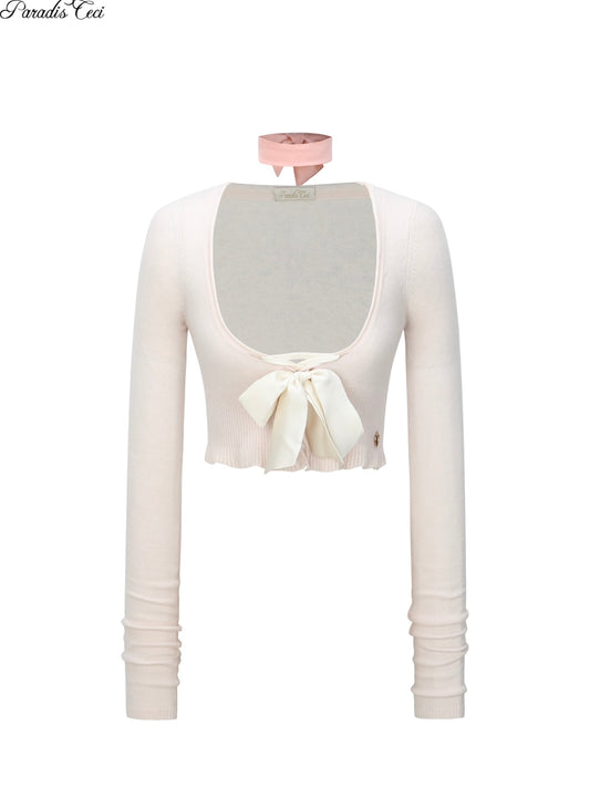 'SWAN' knit top with double ribbons - baby pink
