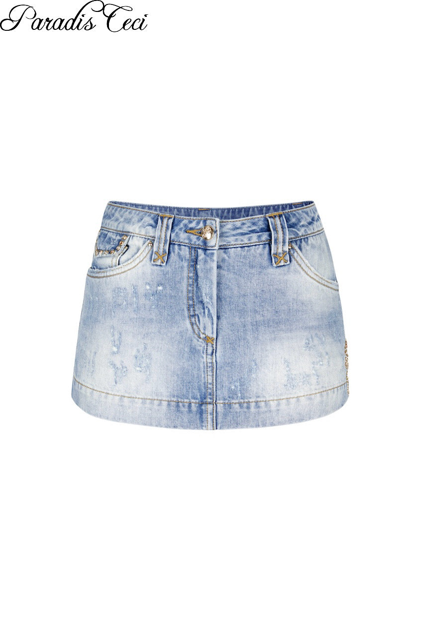 'Gia' #001 embellished low-rise denim mini skirt