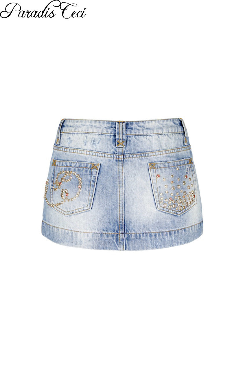'Gia' #001 embellished low-rise denim mini skirt